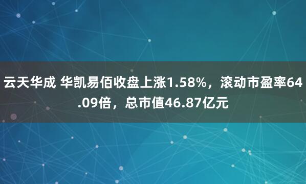 云天华成 华凯易佰收盘上涨1.58%，滚动市盈率64.09倍，总市值46.87亿元